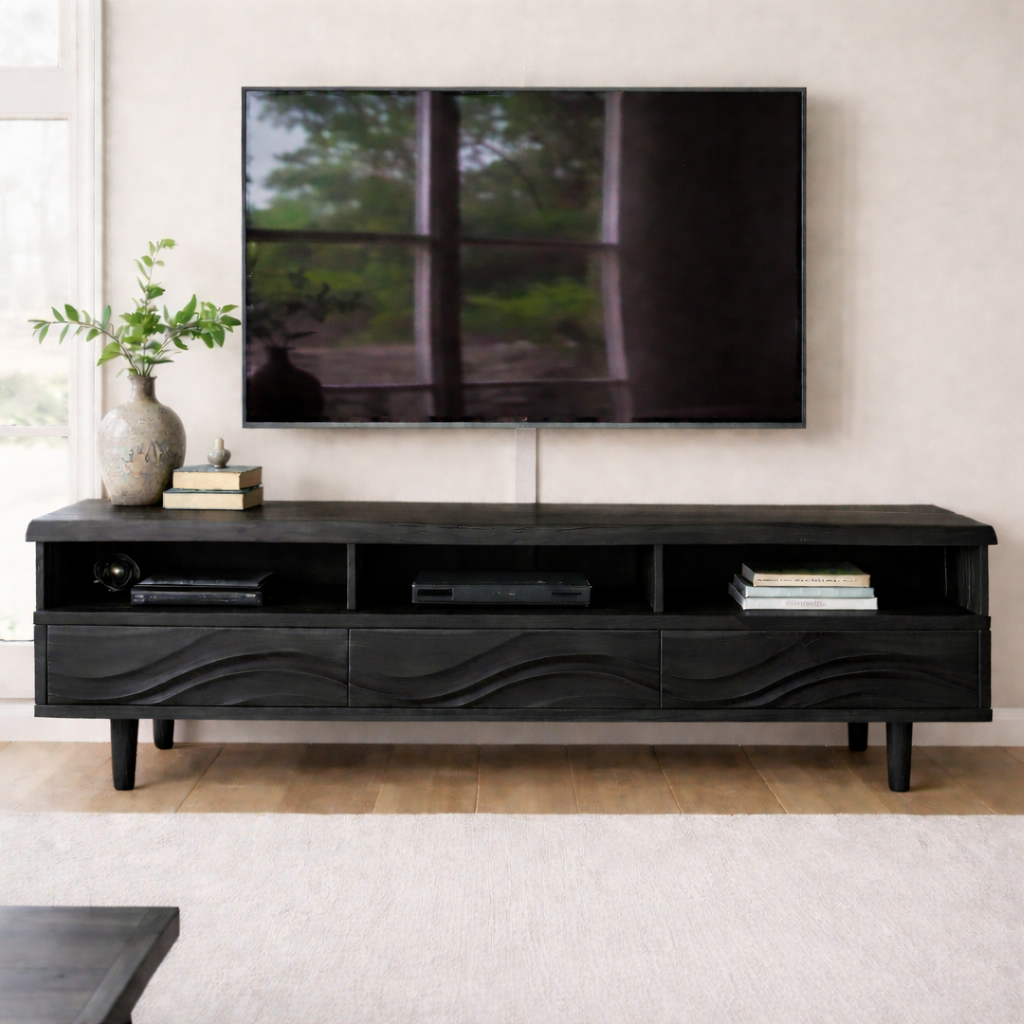 Modern Solid Wood TV Stand with Wave Drawer Fronts and Open Media Shelves