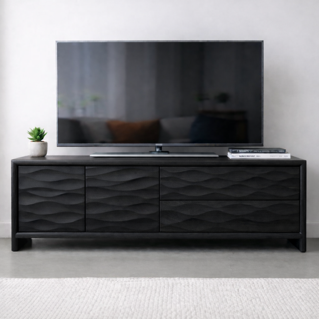 Modern Soild Wood TV Stand with Textured Wave Cabinet Doors and Storage Drawers