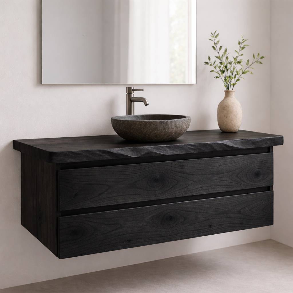Floating Solid Wood Bathroom Vanity with Double Drawers – Modern Minimalist Wall Mounted Cabinet