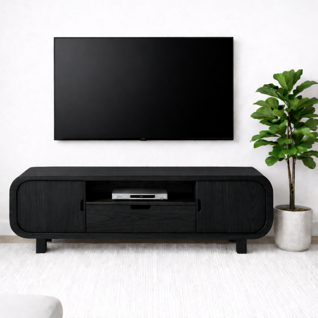 Modern Solid Oak TV Stand with Cabinet Doors and Drawer, Wooden Media Console for Living Room
