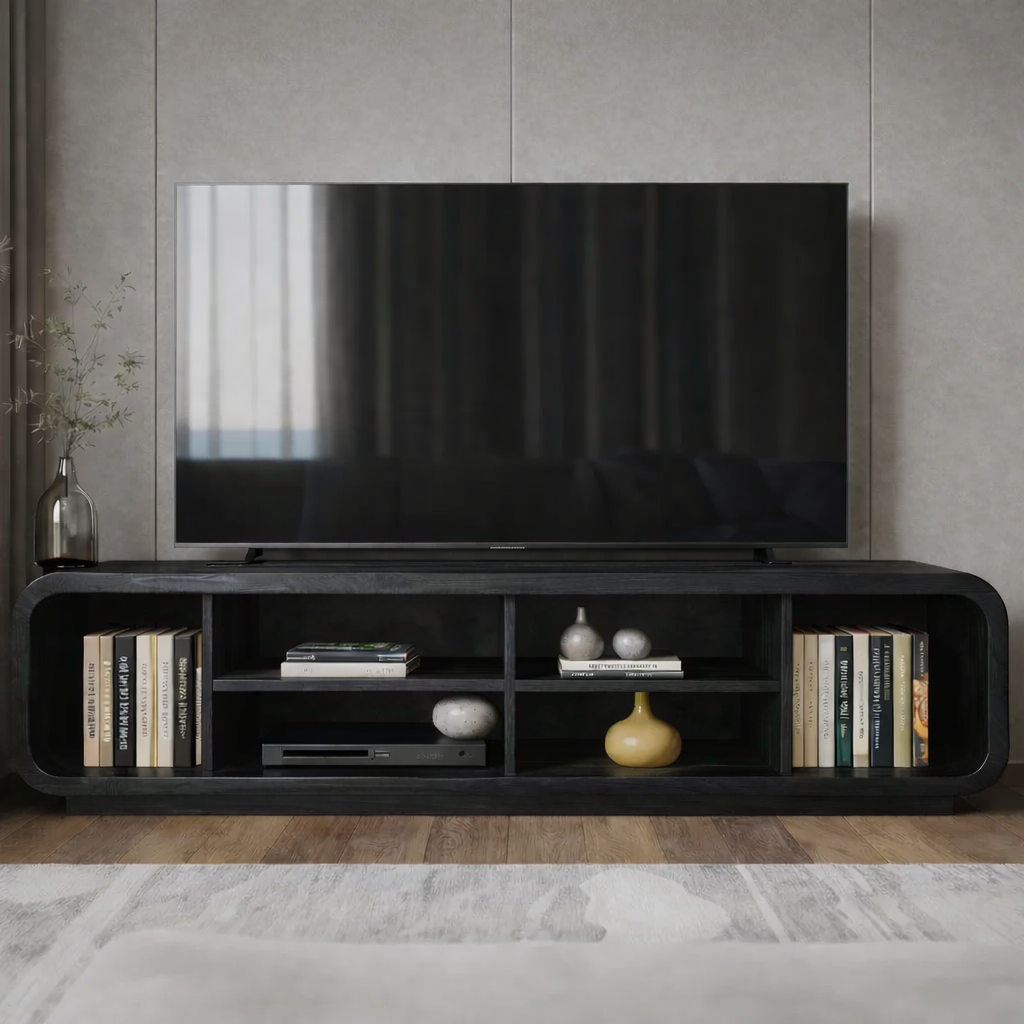 Modern Solid Wood TV Stand with Open Shelf Storage, Walnut Media Console for Living Room