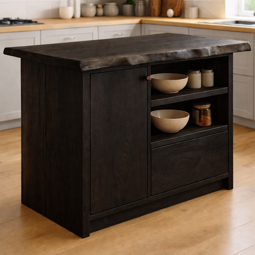 Solid Wood Kitchen Island with Cabinet and Open Shelves, Modern Oak Kitchen Prep Table