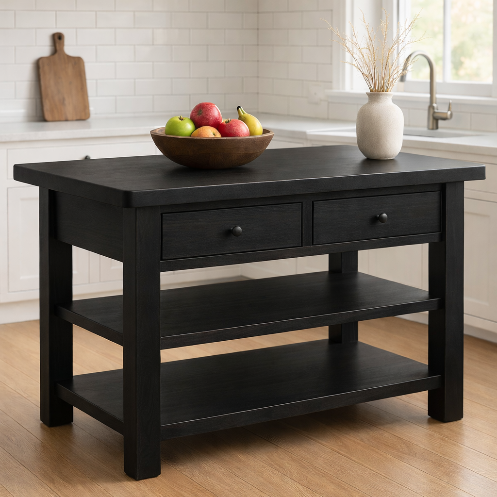Solid Walnut Kitchen Island Table with Drawers and Shelves, Wooden Kitchen Prep Station