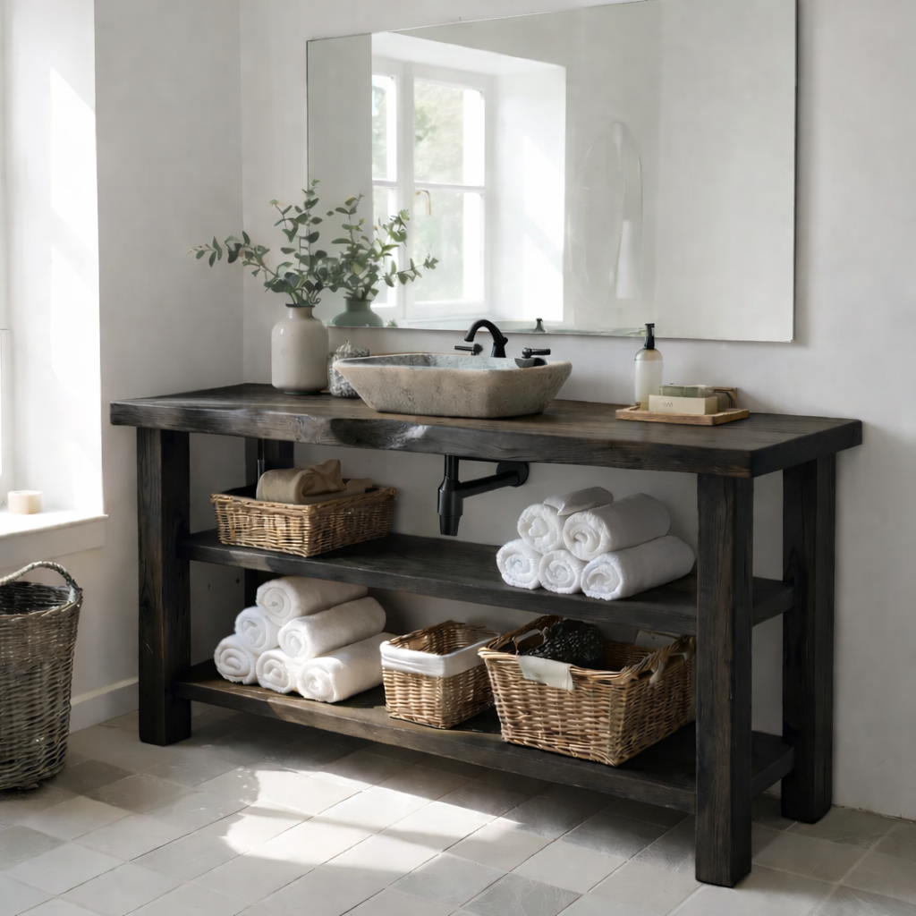 Solid Wood Console Bathroom Vanity with Open Shelves – Rustic Farmhouse Single Sink Vanity