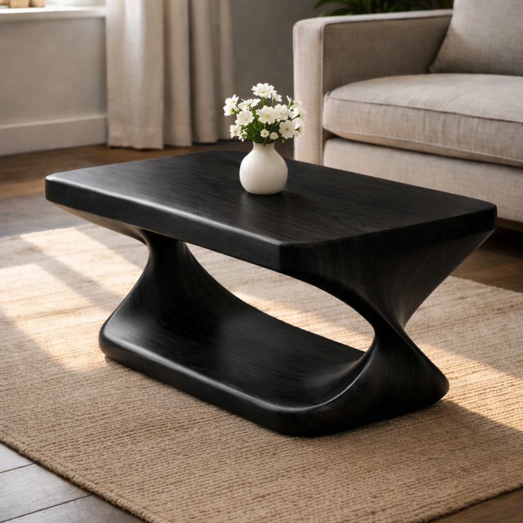 Modern Solid Wood Coffee Table with Sculptural Curved Base and Rectangular Wood Top