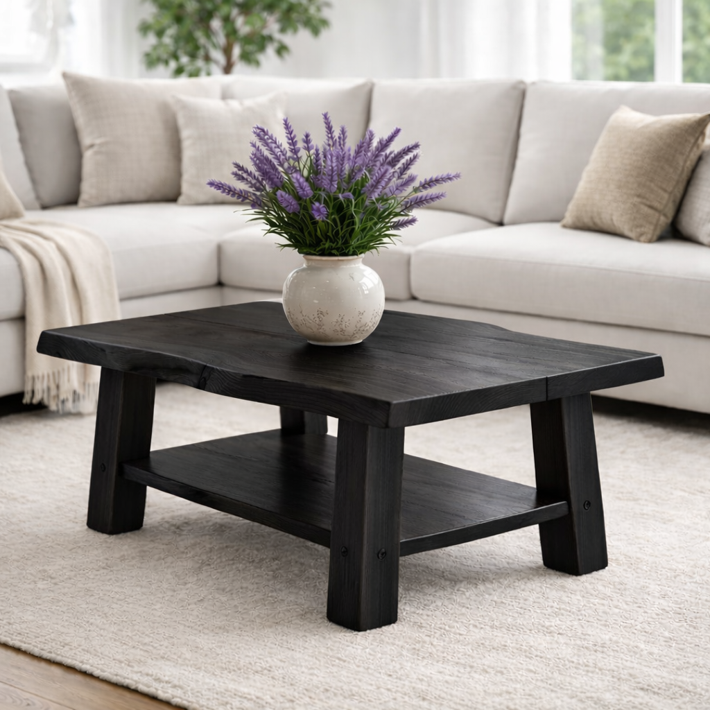 Solid Wood Coffee Table with Storage Shelf Rustic Wooden Living Room Table