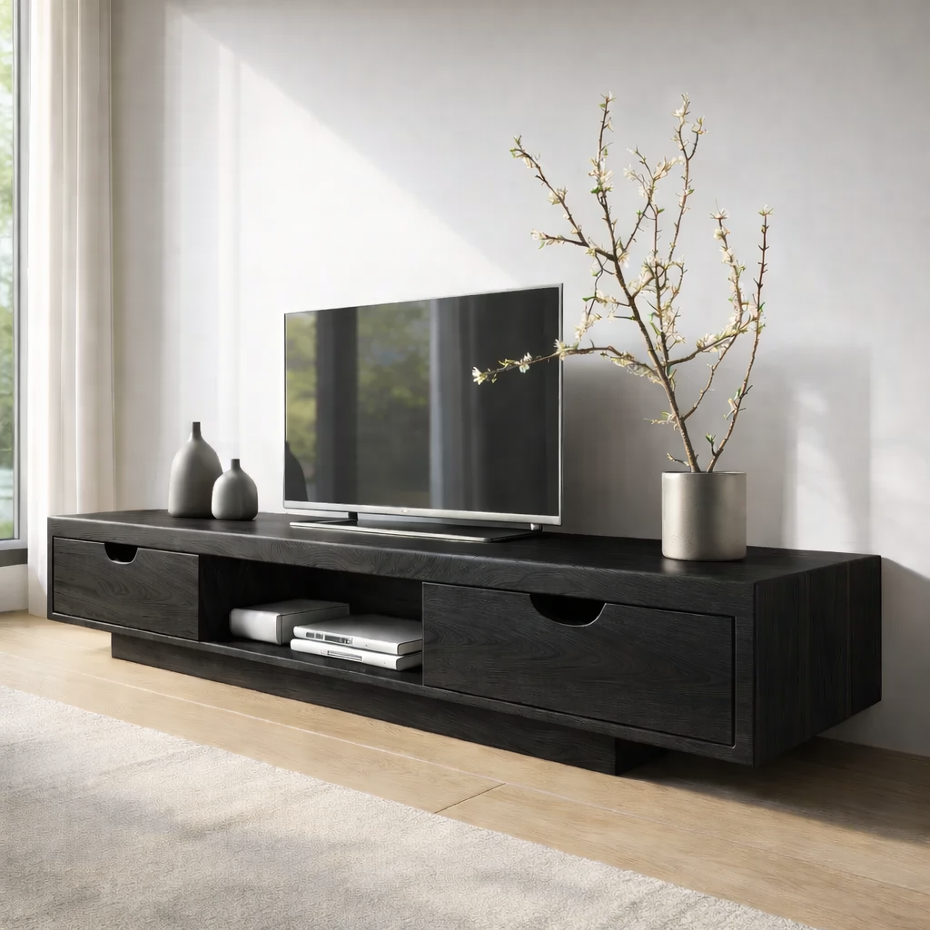 Walnut Wood TV Stand with Drawers – Modern Solid Wood Media Console Cabinet