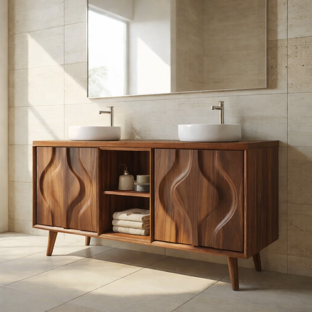 Mid-Century Solid Wood Double Bathroom Vanity Cabinet with Sculpted Wave Doors and Open Shelf