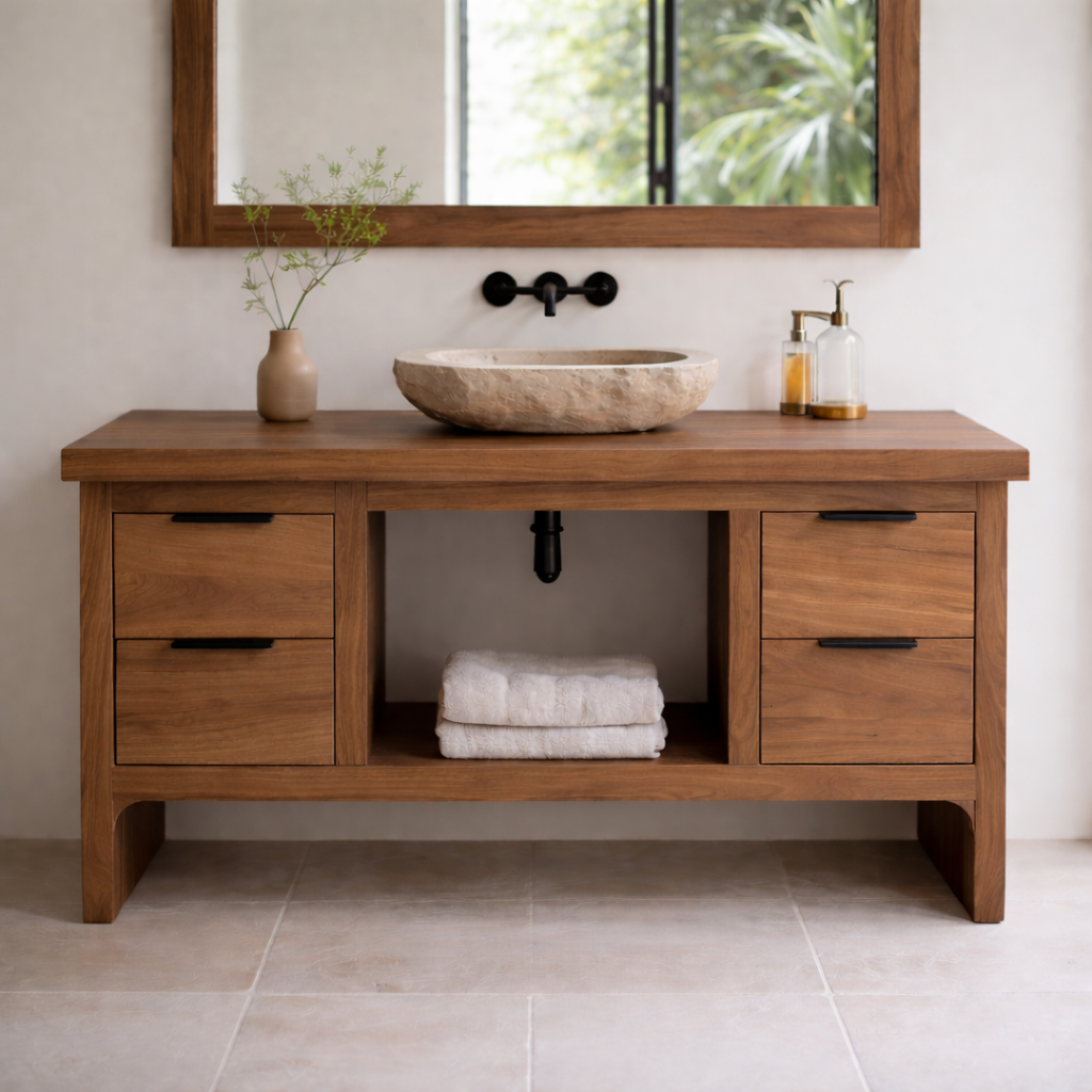Rustic Soild Wood Bathroom Vanity with Drawers and Open Shelf for Contemporary