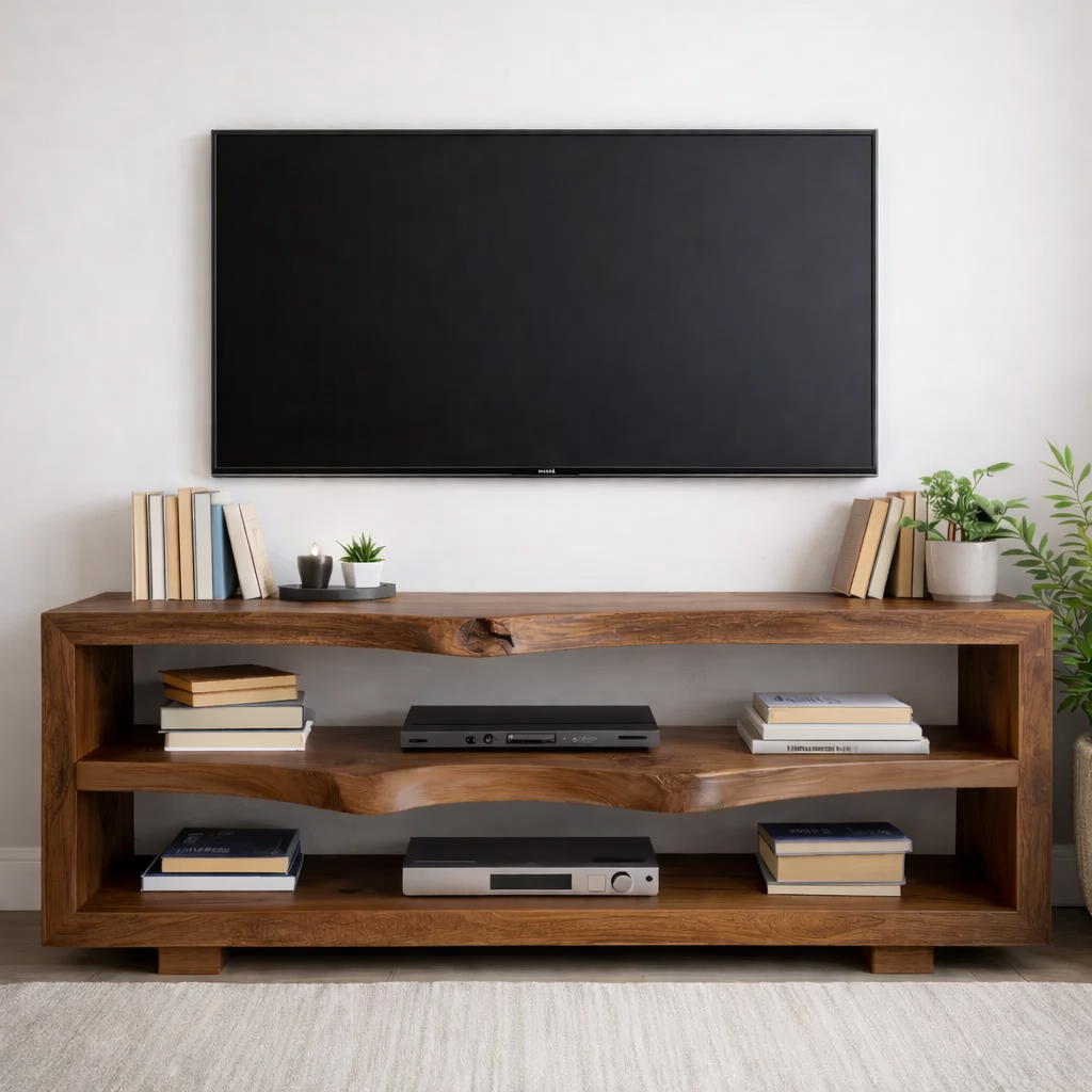 Rustic Solid Wood TV Stand with Open Shelves for Modern Living Rooms