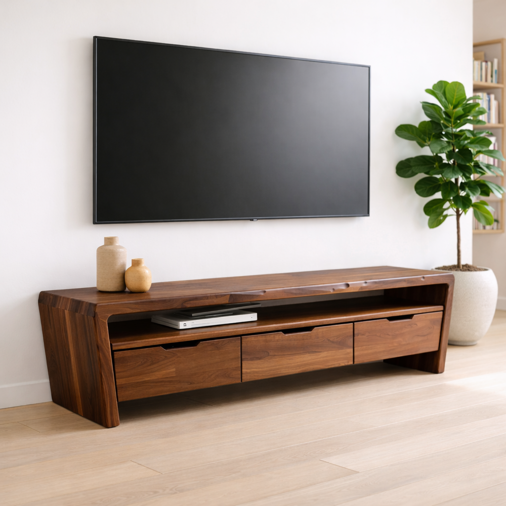 Solid Wood TV Stand with Drawers and Open Shelf for Minimalist Living Spaces