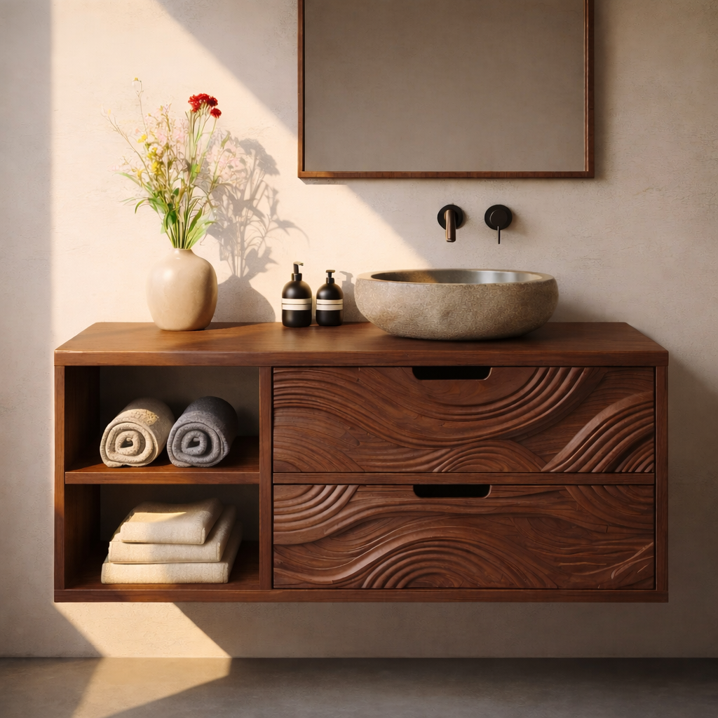 Floating Solid Wood Bathroom Vanity with Sculpted Wave Drawers and Open Shelf – Modern Organic Bathroom Cabinet