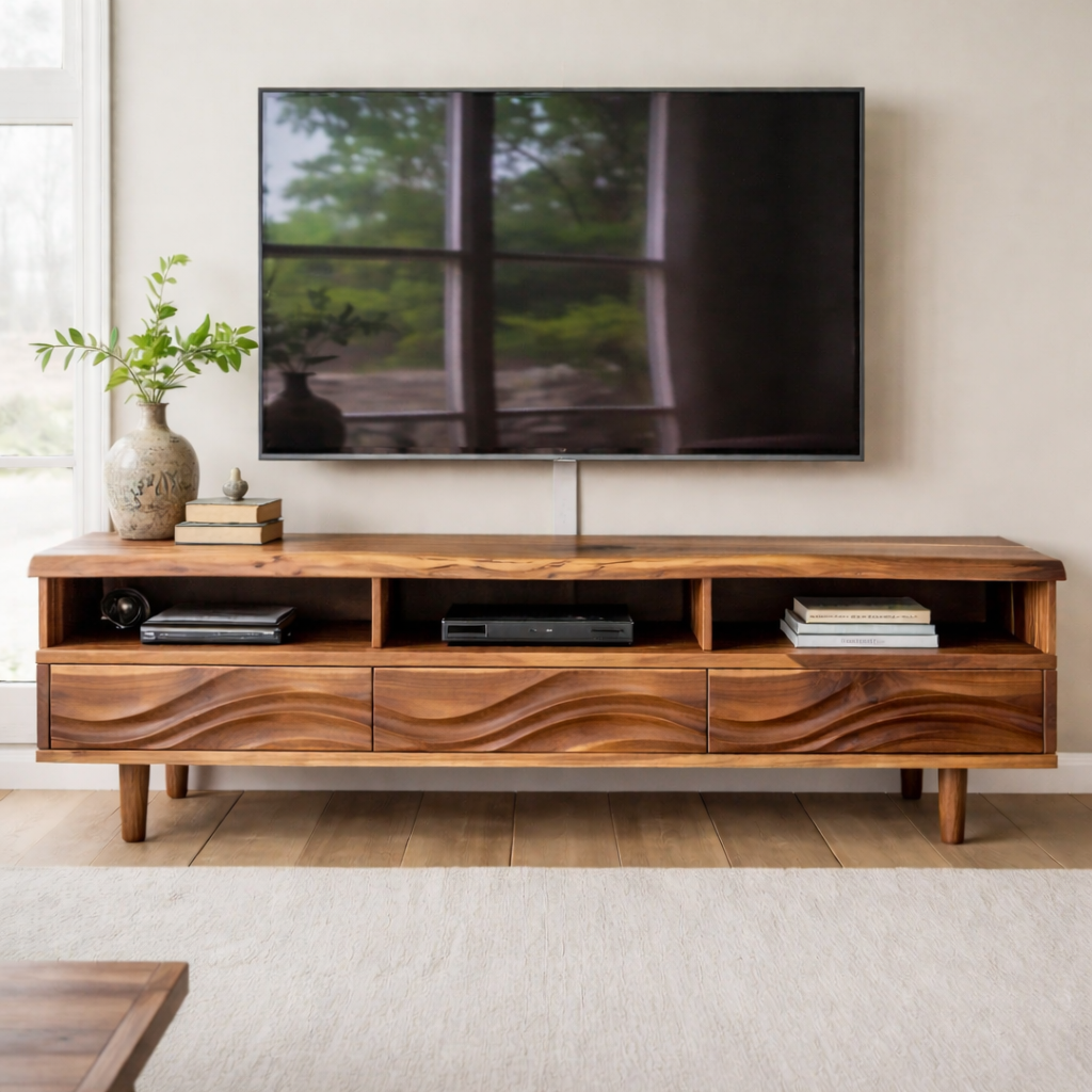 Modern Solid Wood TV Stand with Wave Drawer Fronts and Open Media Shelves