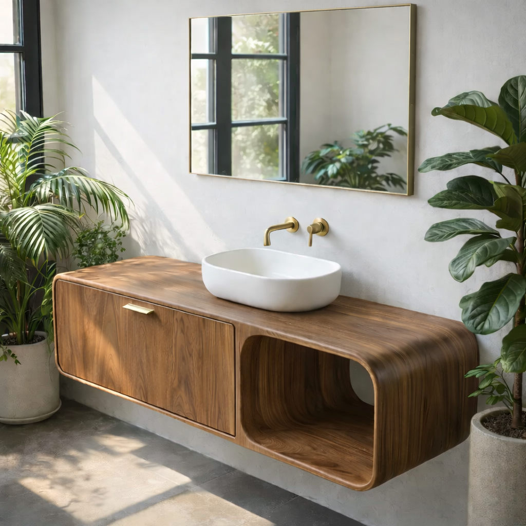 Contemporary Solid Wood Floating Bathroom Vanity with Open Side Shelf