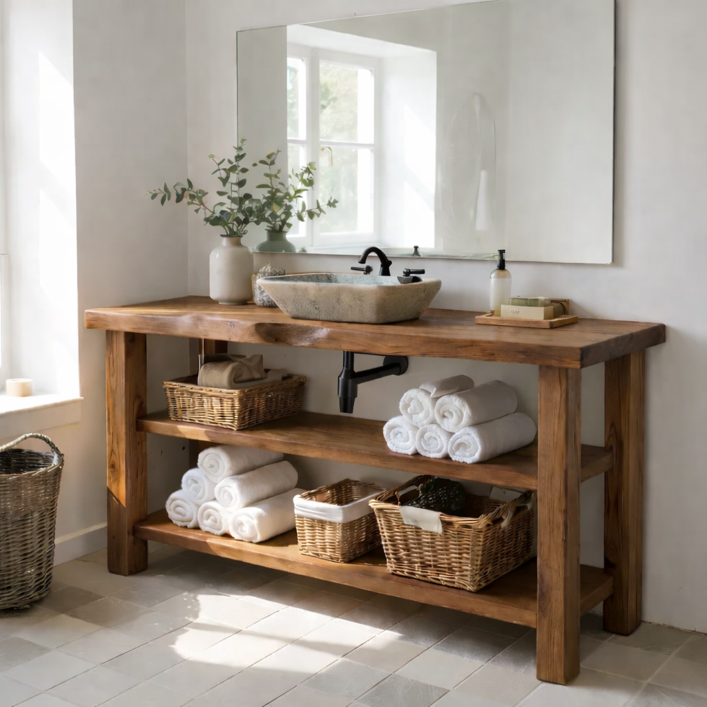 Solid Wood Console Bathroom Vanity with Open Shelves – Rustic Farmhouse Single Sink Vanity