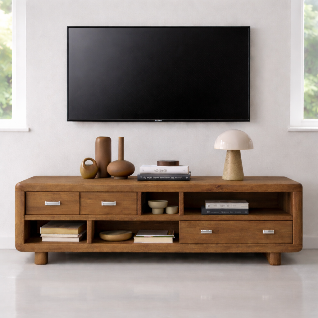Solid Wood TV Stand with Drawers and Open Shelves Rustic Oak Media Console for Living Room