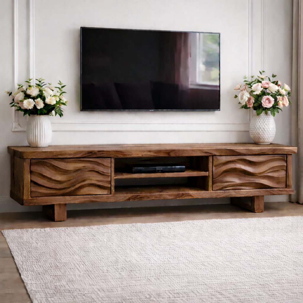 Solid Wood TV Stand with Wave Pattern Doors Modern Wooden Media Console for Living Room