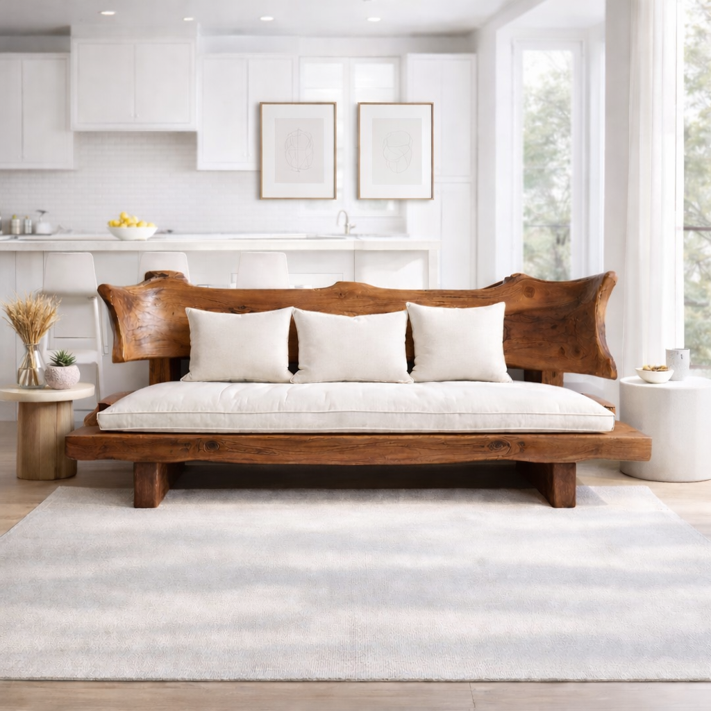 Live Edge Solid Wood Sofa Rustic Natural Wood Couch Handmade Organic Living Room Sofa