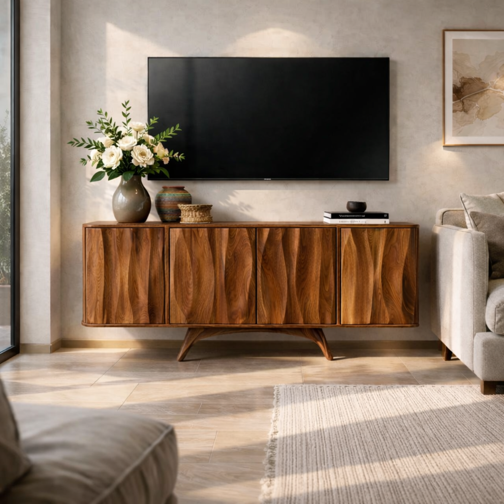 Solid Wood TV Stand for Living Room with Cabinet Storage