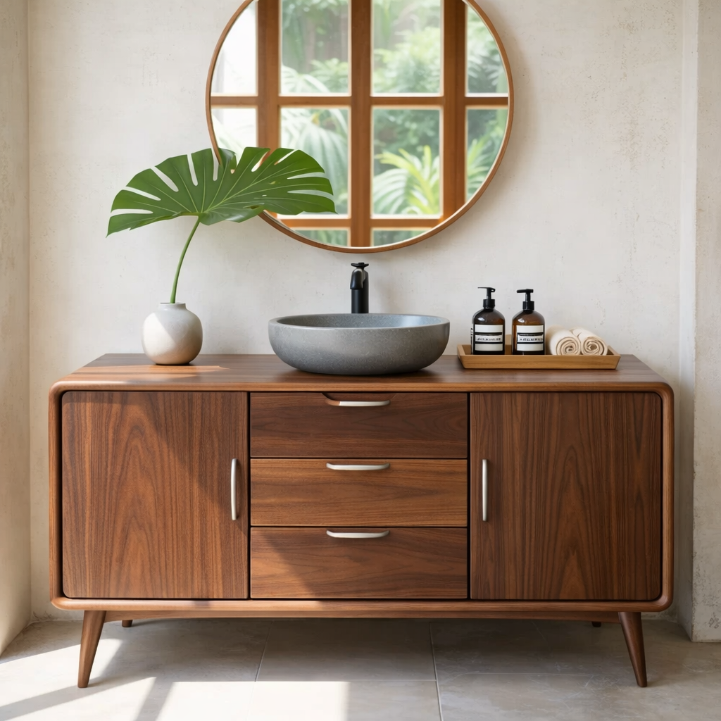 Mid Century Solid Wood Bathroom Vanity with Drawer Storage and Cabinet Doors