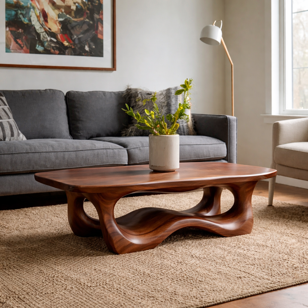 Solid Wood Coffee Table with Sculptural Base and Organic Curved Design