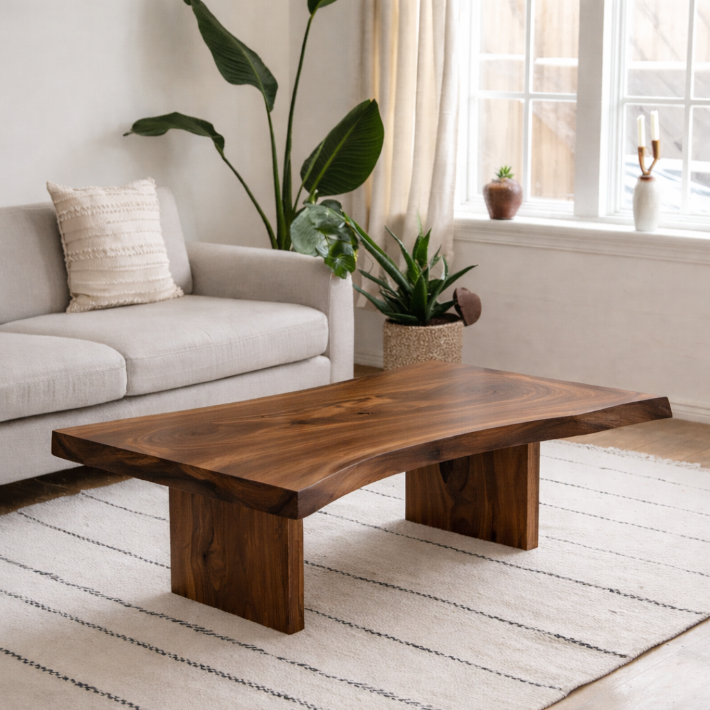 Solid Wood Coffee Table with Live Edge Top and Minimal Block Legs