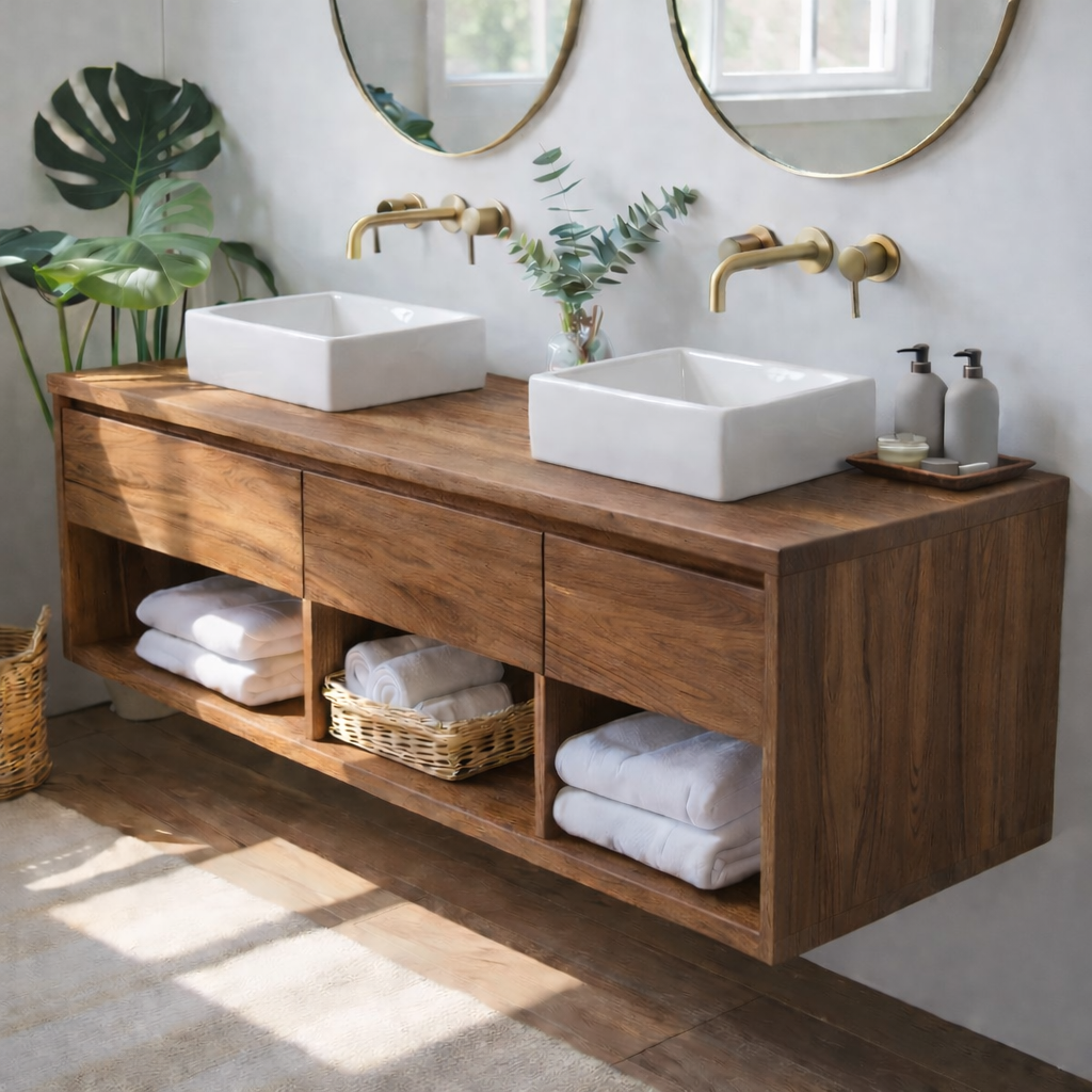 Floating Solid Wood Double Bathroom Vanity Cabinet with Open Cubby Shelves – Modern Organic Wall Mounted Design