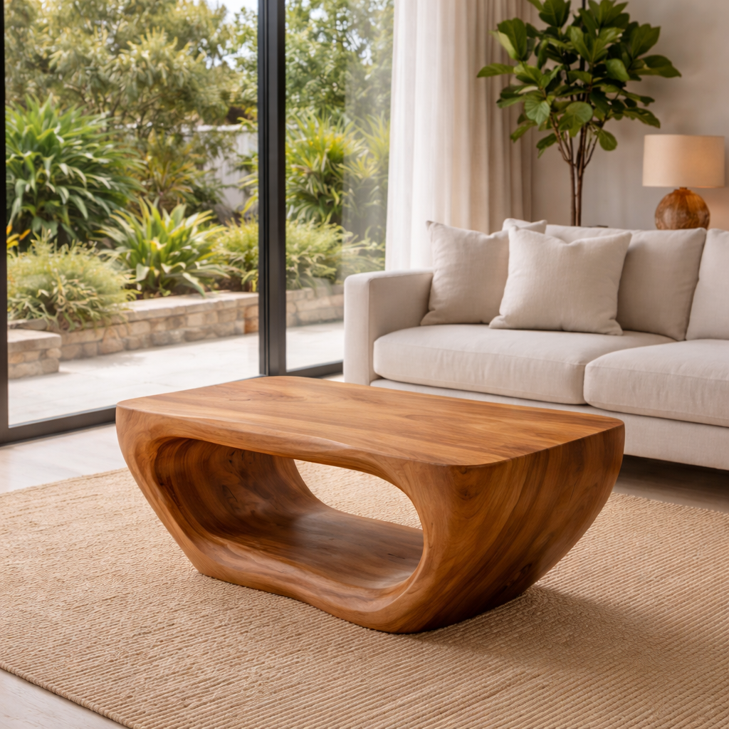 Solid Wood Coffee Table with Sculptural Hollow Base and Smooth Curved Design