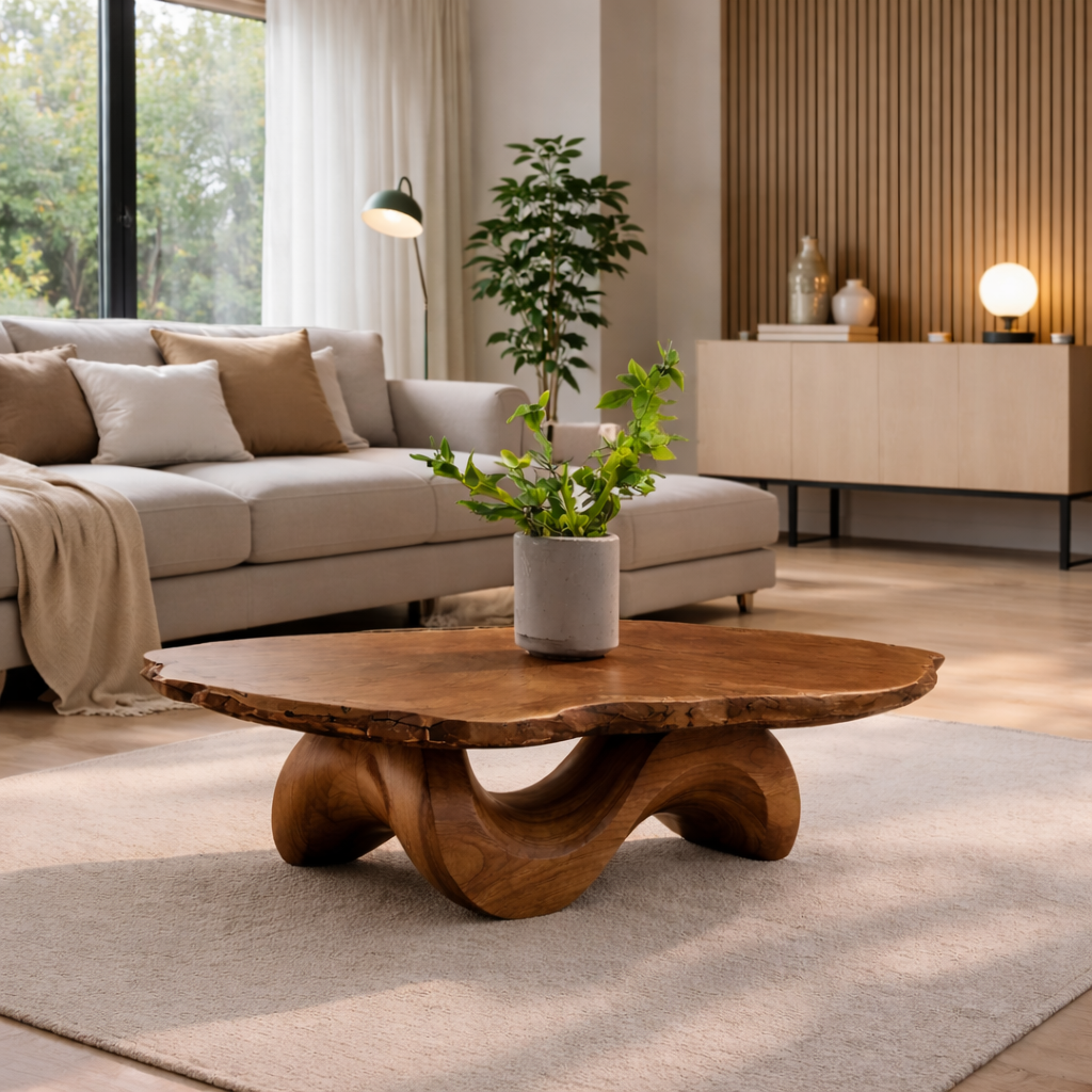 Live Edge Solid Wood Coffee Table with Sculptural Curved Base