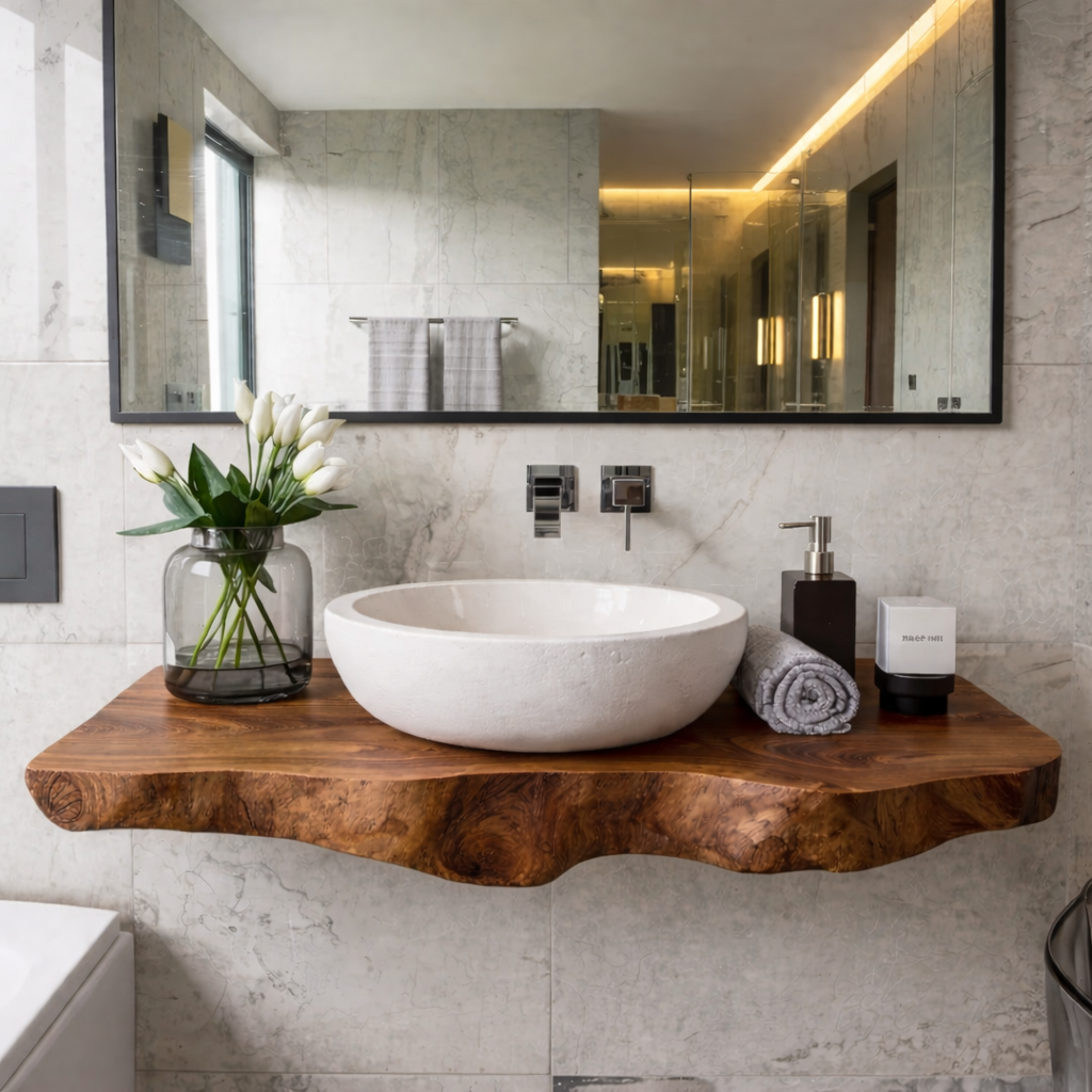 Floating Live Edge Solid Wood Bathroom Vanity Shelf – Natural Wood Wall Mounted Vanity Top