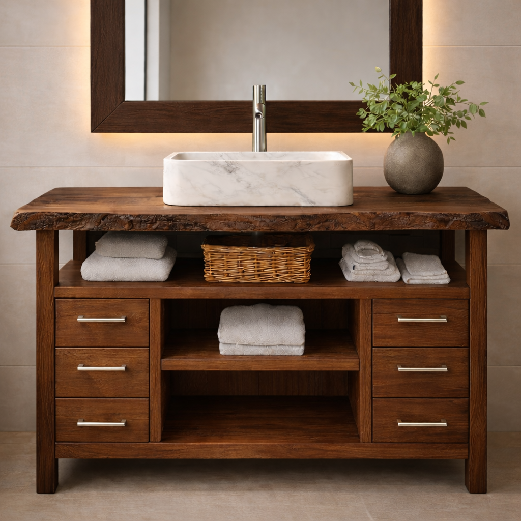 Solid Wood Bathroom Vanity with Six Drawers and Open Shelves – Freestanding Natural Wood Vanity Cabinet