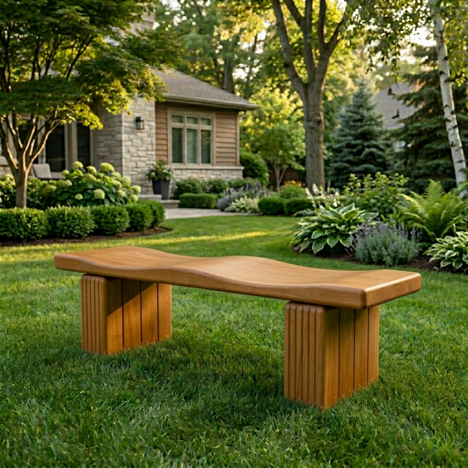 Solid Wood Outdoor Bench with Sculpted Wave Seat and Fluted Block Legs
