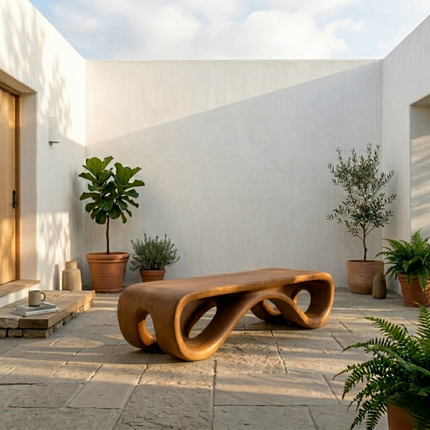 Handcrafted Solid Wood Outdoor Bench Sculptural Curved Base Organic Modern Minimal Design
