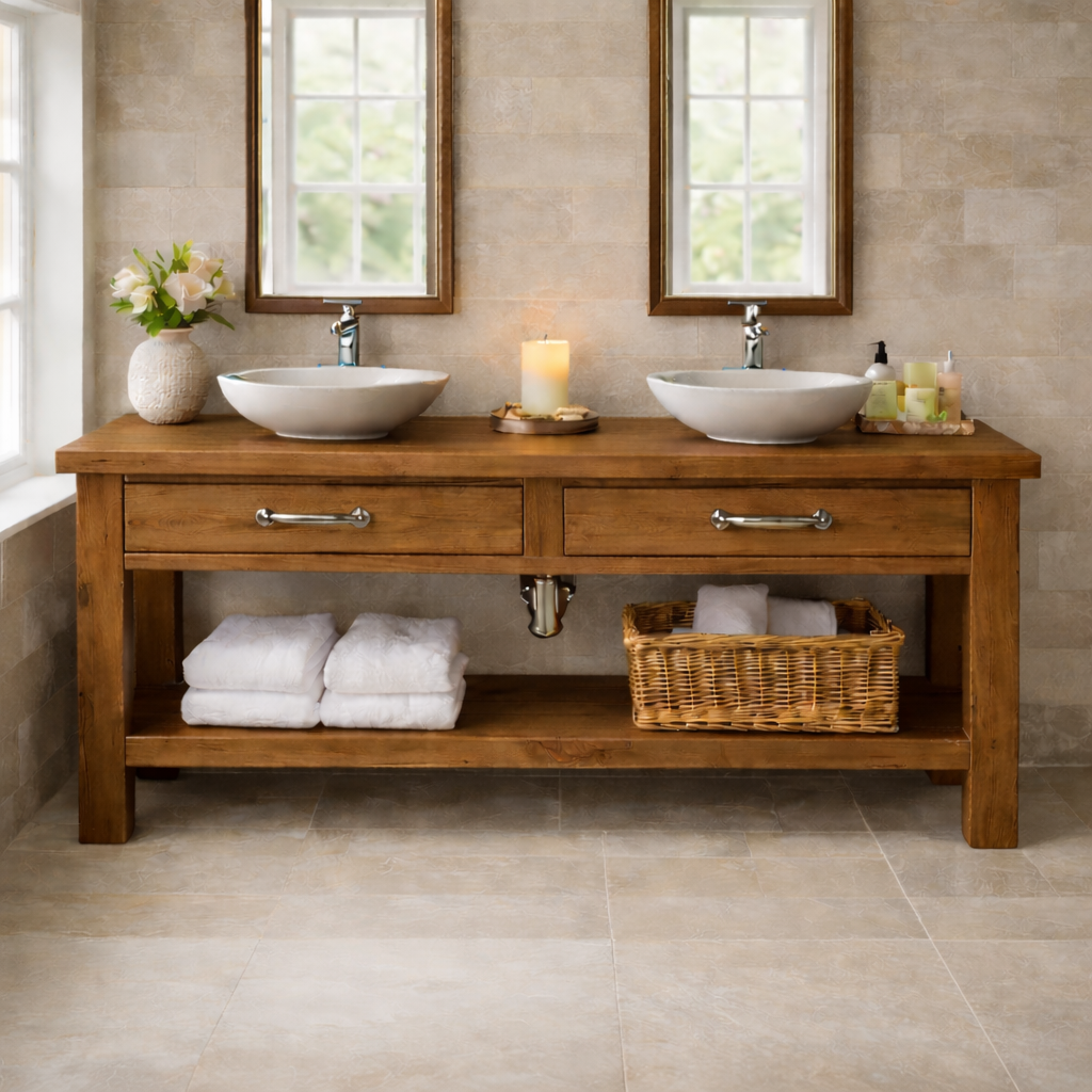 Solid Wood Double Bathroom Vanity with Drawers and Open Shelf Storage