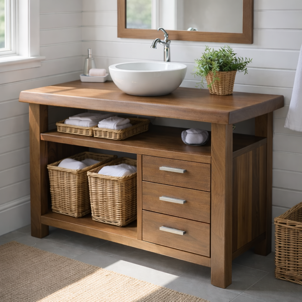 Handcraft Solid Wood Bathroom Vanity with Drawers and Open Shelf Storage