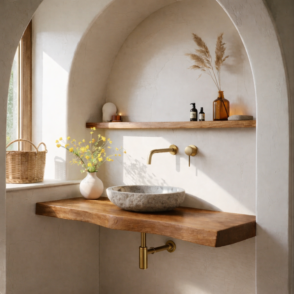 Solid Wood Floating Bathroom Vanity Shelf with Rustic Natural Finish