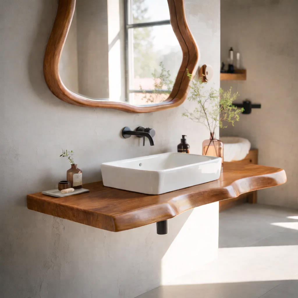 Live Edge Oak Floating Bathroom Vanity Shelf with Natural Finish