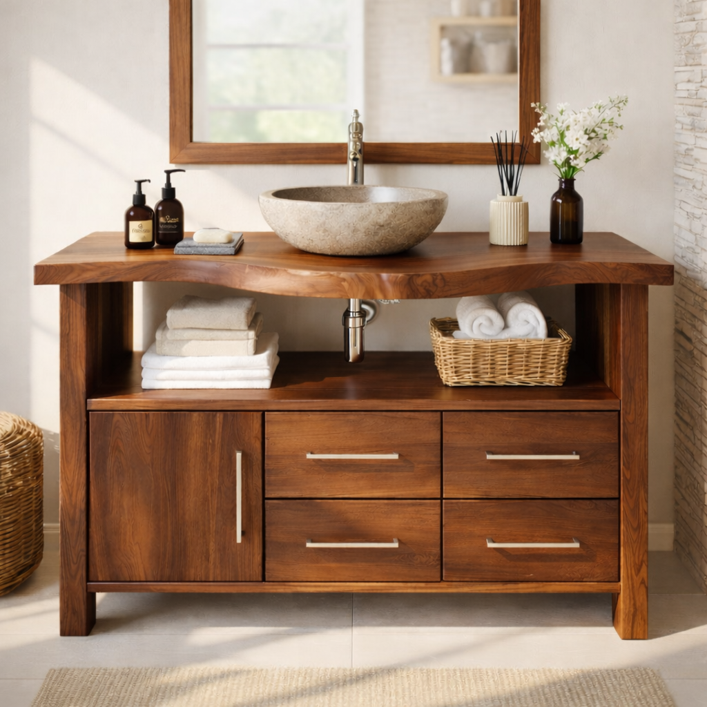 Live Edge Solid Wood Bathroom Vanity with Single Cabinet Door, Four Drawers and Open Shelf for Modern Farmhouse