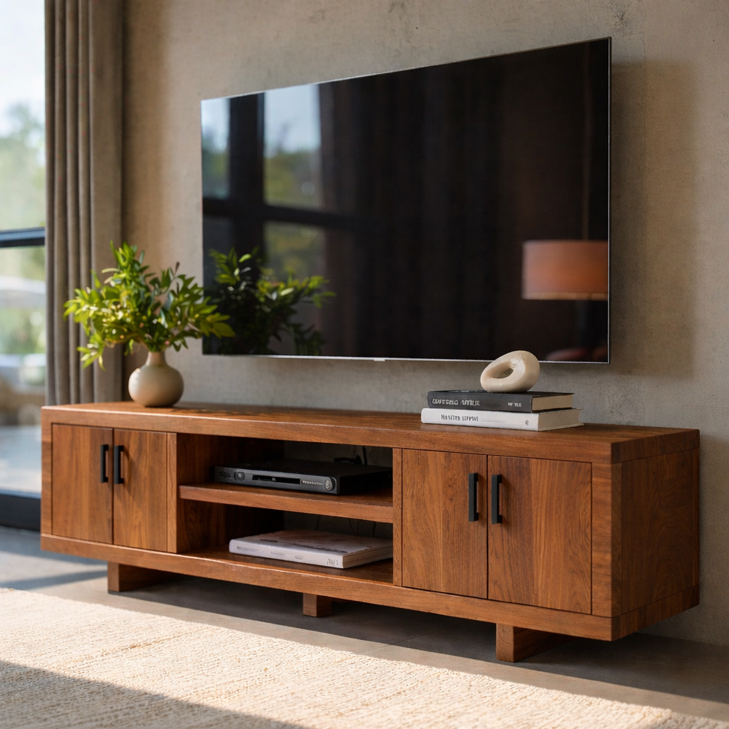Modern Solid Wood TV Stand with Storage Cabinets and Open Media Shelf