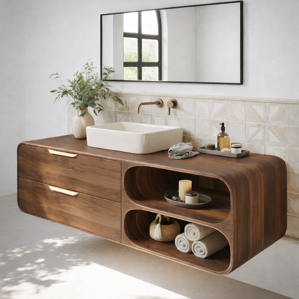 Floating Solid Wood Bathroom Vanity with Drawers and Open Curved Shelves for Modern Bathrooms