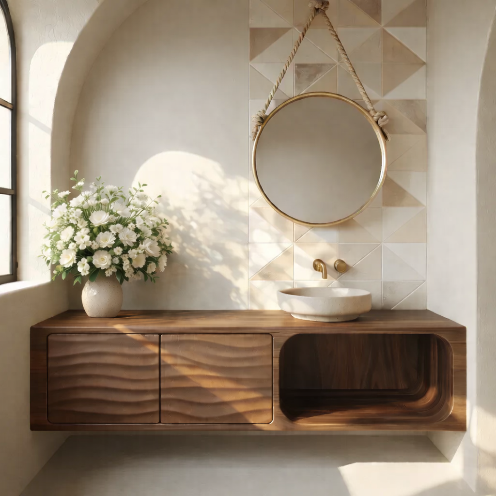 Floating Solid Wood Bathroom Vanity with Textured Cabinet Doors and Open Shelf for Contemporary Homes