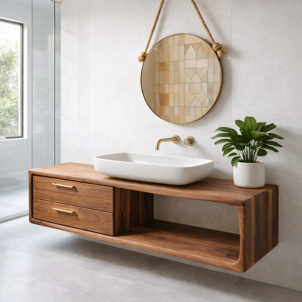 Modern Solid Wood Floating Bathroom Vanity with Double Drawers and Open Shelf
