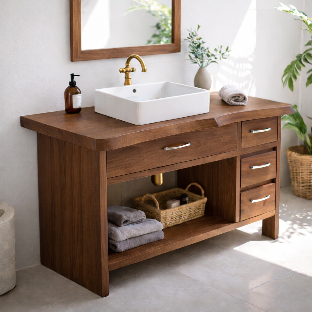 Modern Solid Wood Bathroom Vanity with Multiple Drawers and Open Storage Shelf