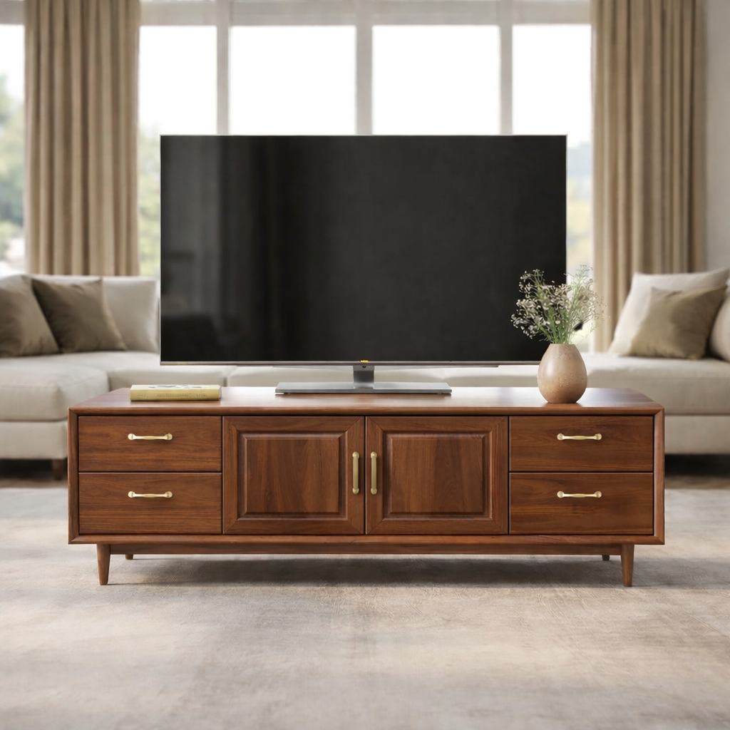 Mid-Century Solid Wood TV Stand with Drawers and Cabinet Storage