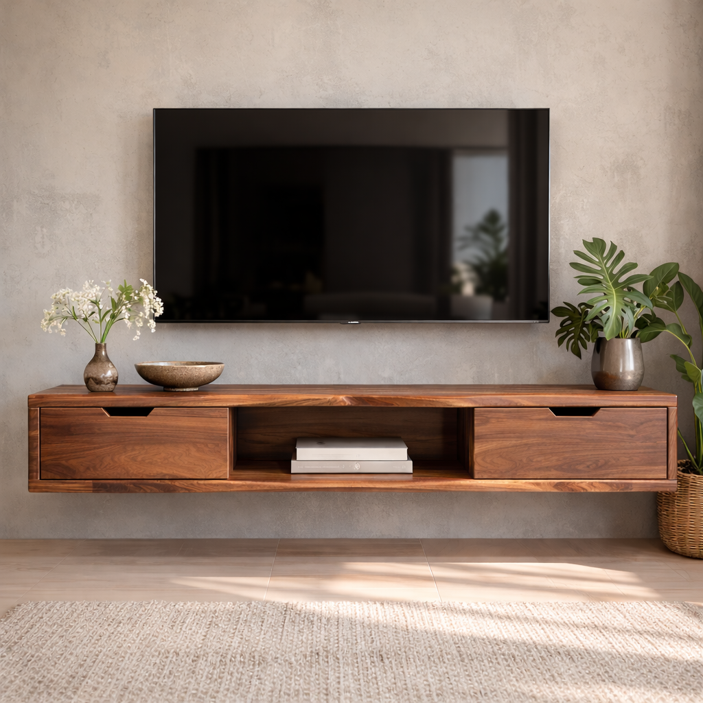 Floating Walnut Wood TV Stand with Drawers and Open Media Shelf