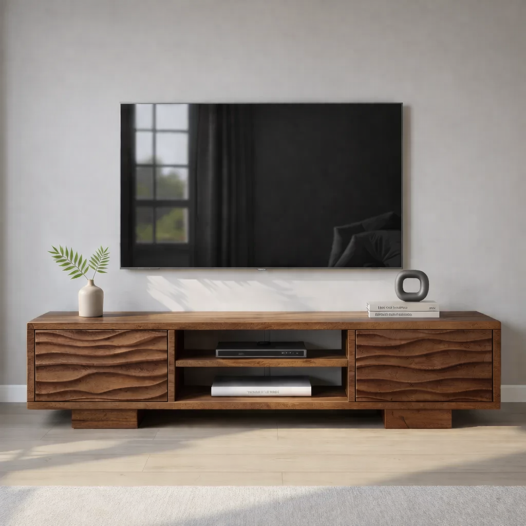 Modern Solid Wood TV Stand with Wave Front Drawers and Open Media Shelf