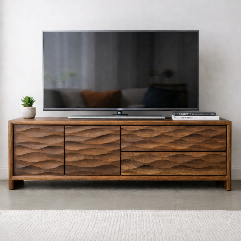 Modern Soild Wood TV Stand with Textured Wave Cabinet Doors and Storage Drawers