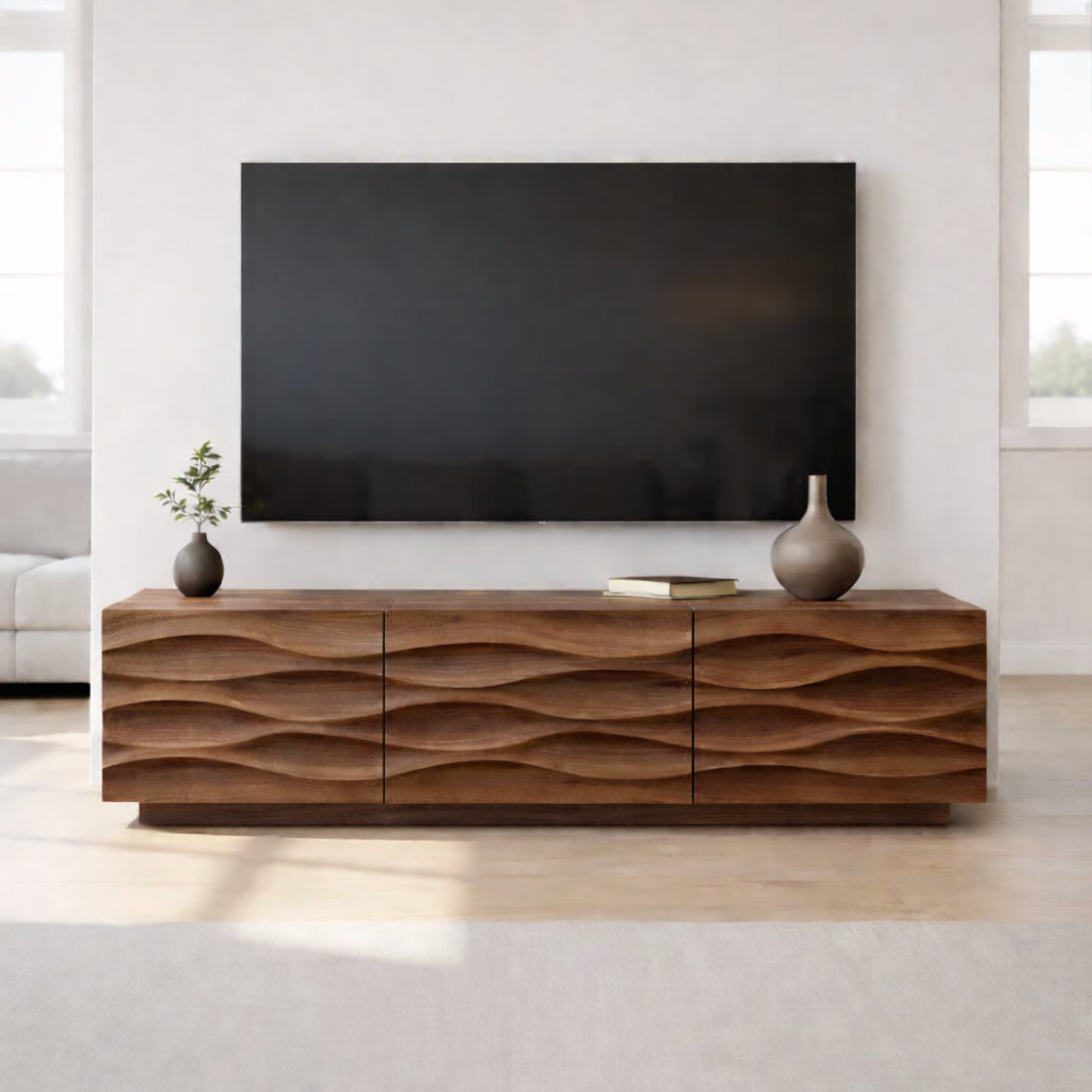 Modern Solid Wood TV Stand with Wave Front Design, Walnut Finish Media Console Cabinet