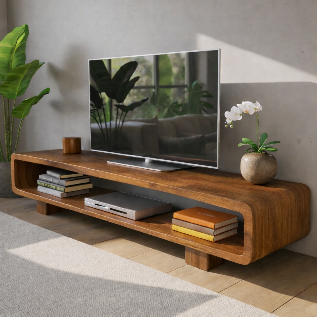 Modern Solid Oak TV Stand with Open Shelf Storage, Minimalist Wooden Media Console