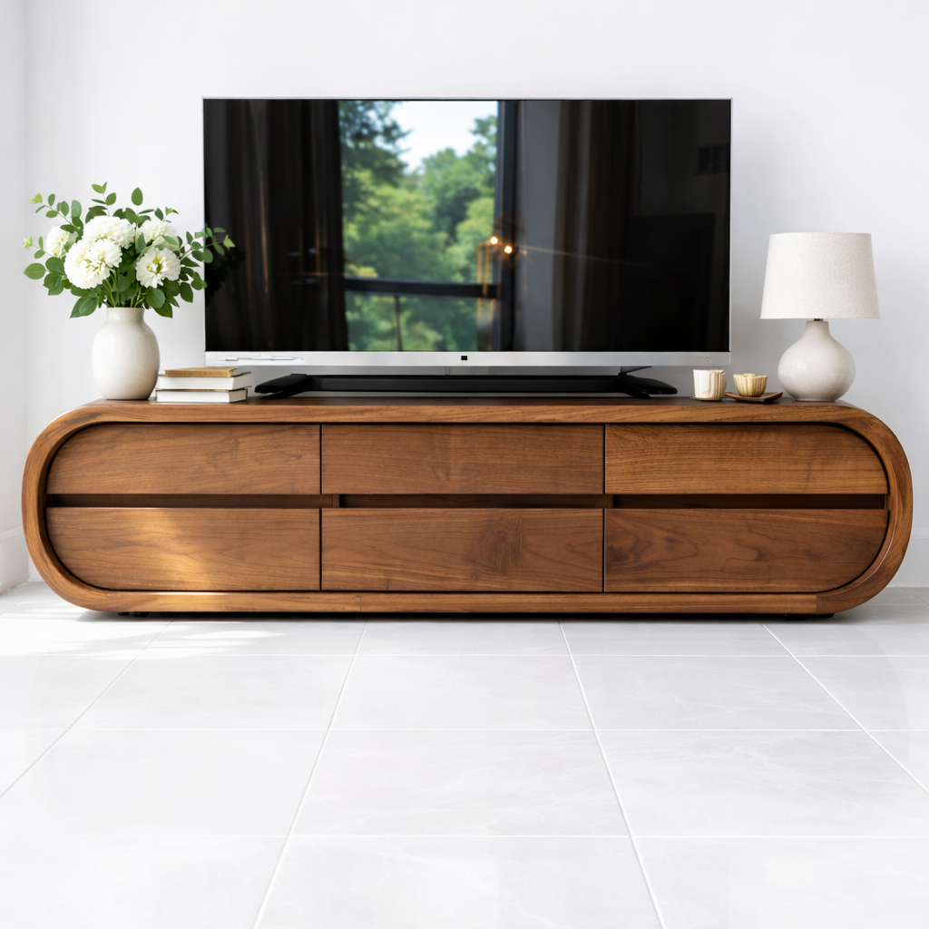 Solid Wood TV Stand with Drawers, Curved Modern Media Console Cabinet for Living Room